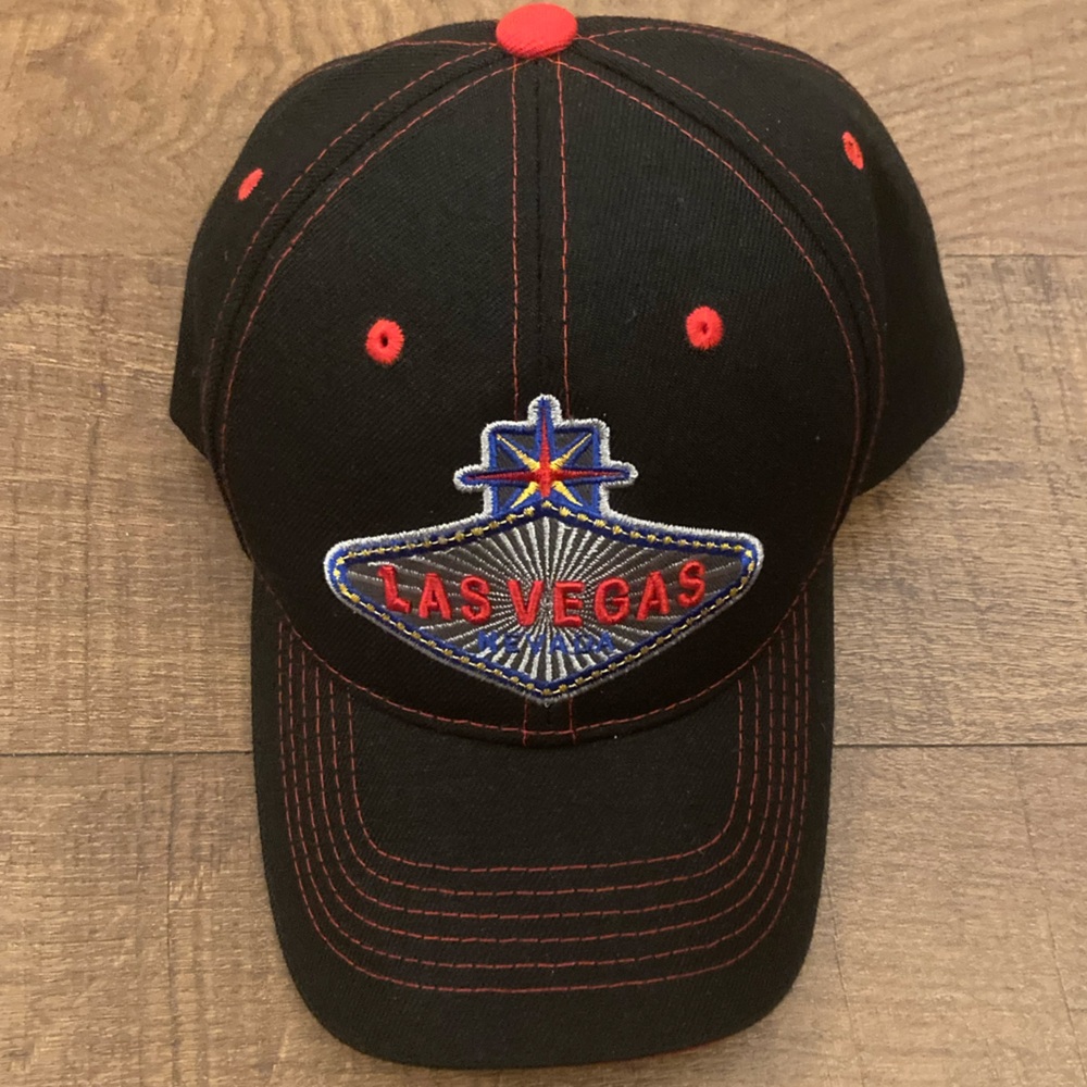 Las Vegas Nevada Embroidered Hat StrapBack Cap Black w/ Red Stitching